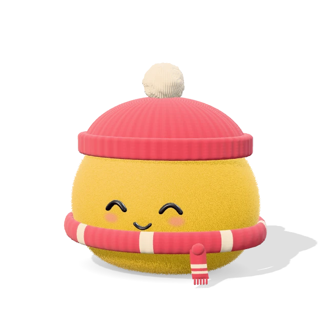 A yellow round 3D dot avatar in short plush, wearing a knit beanie and a scarf