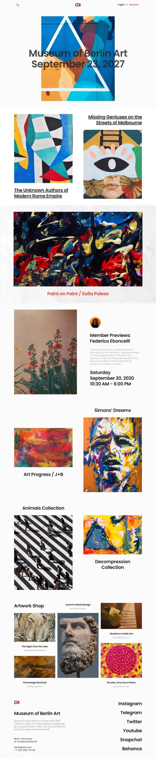 Art gallery website template for Siter.io &mdash; An exhibition, a collection or a show with a date on it
