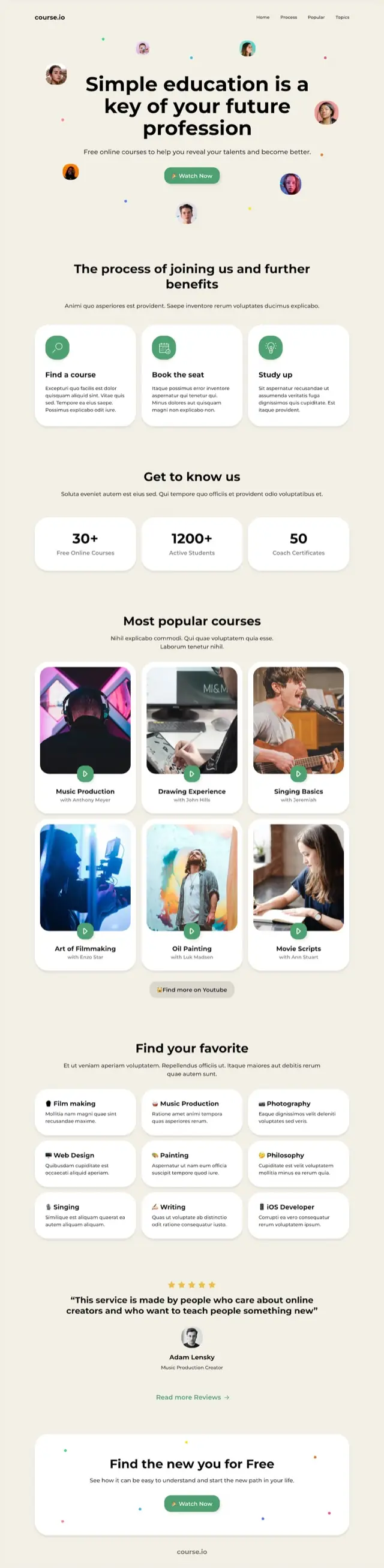 Online course website template for Siter.io &mdash; A catalogue of lessons that needs browsing, not scrolling